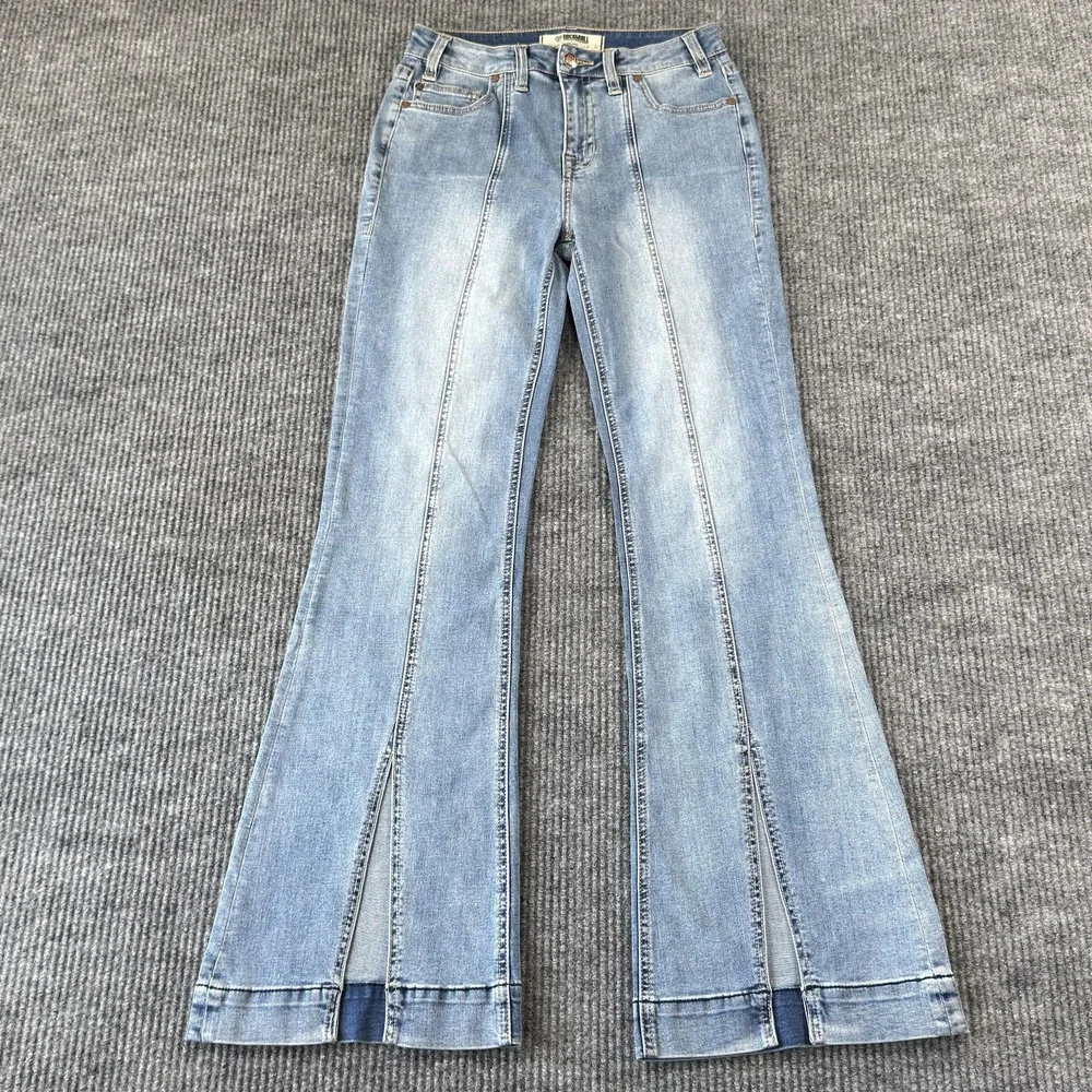 Rock & Roll Trouser Flare Jeans Womens 27x34 Light Wash High Rise Front Slit Leg - Picture 1 of 16
